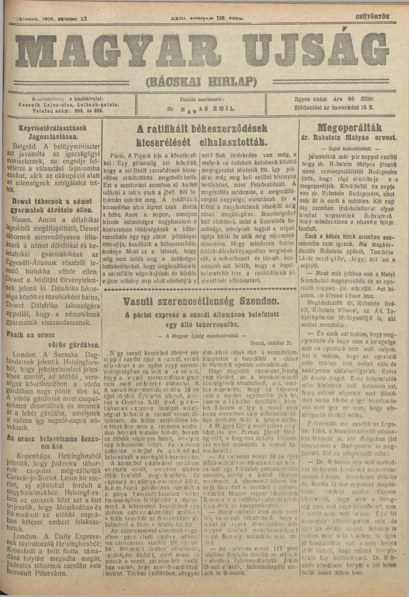 Bácskai Hirlap, 23. évf. 1919. október 23. 110. sz.