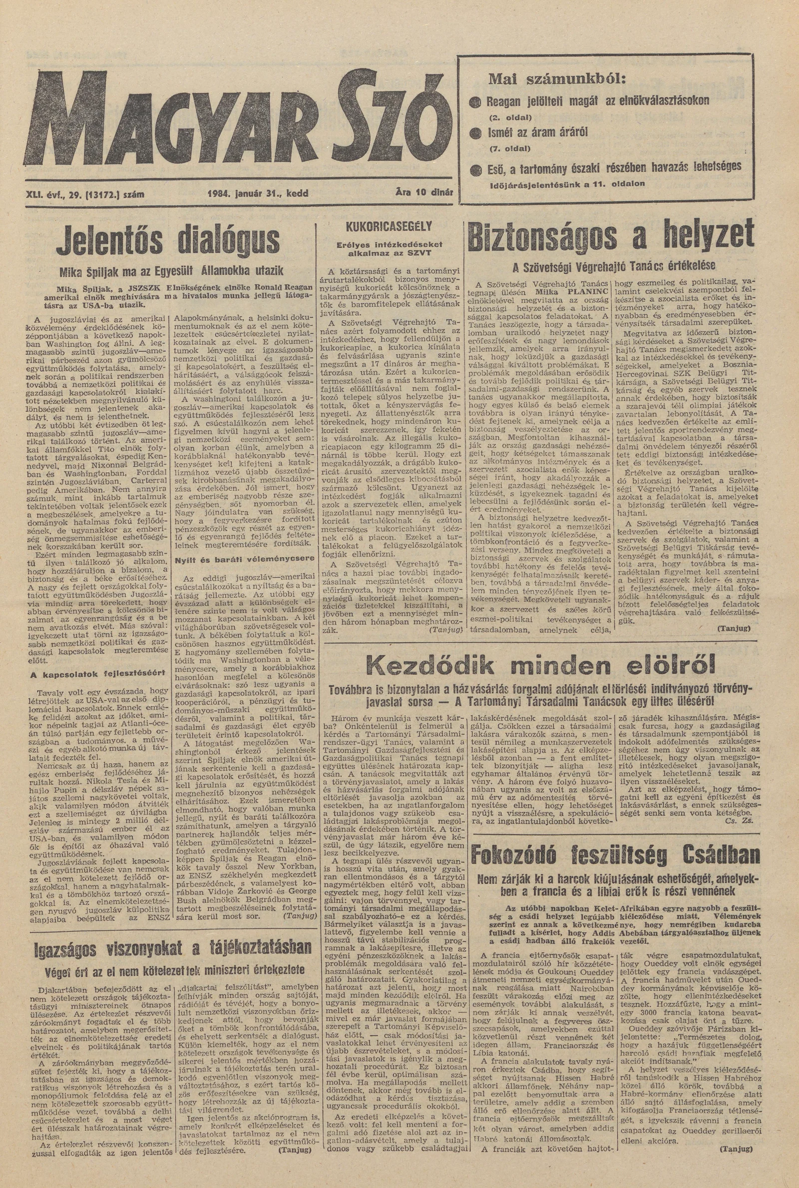 Magyar Szó, 41. évf. 1984. január 31. 29. sz. 1–20. oldal