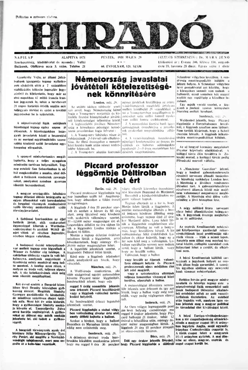 Híradó, 60. évf. 1931. május 29. 121. sz.