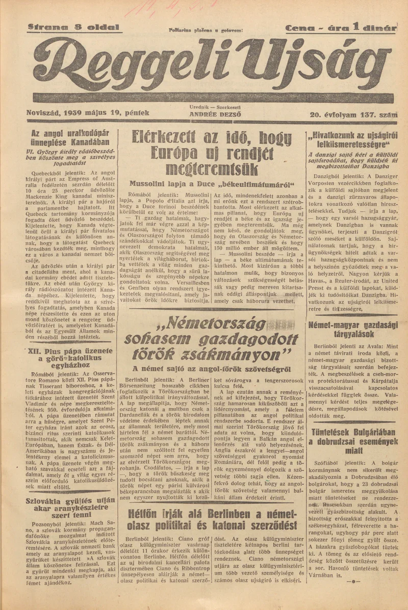 Reggeli Újság, 20. évf. 1939. május 19. 137. sz.