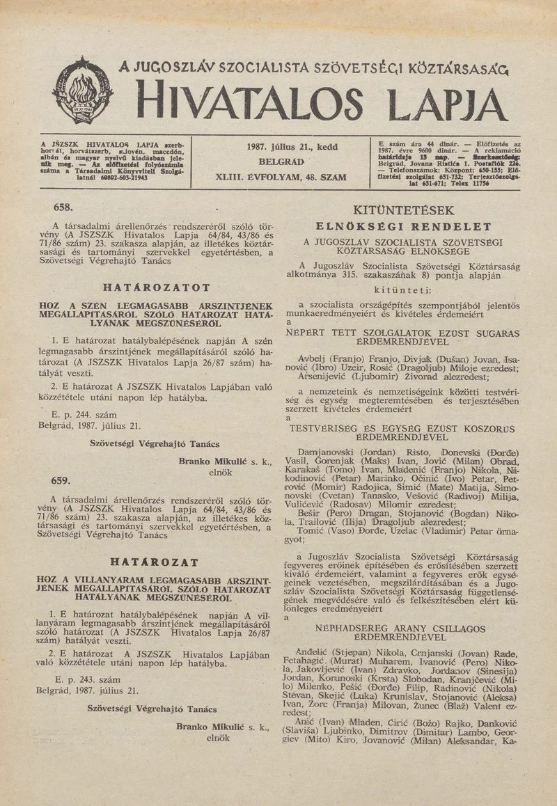 A Jugoszláv Szocialista Szövetségi Köztársaság Hivatalos Lapja, 43. évf. 1987. július 21. 48. sz. 1201–1204. oldal