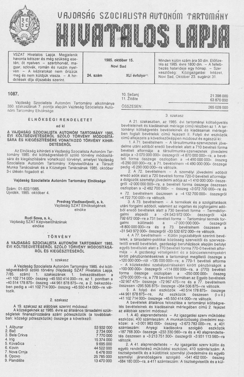 Vajdaság Szocialista Autonóm Tartomány Hivatalos Lapja, 41. évf. 1985. október 15. 24. sz.