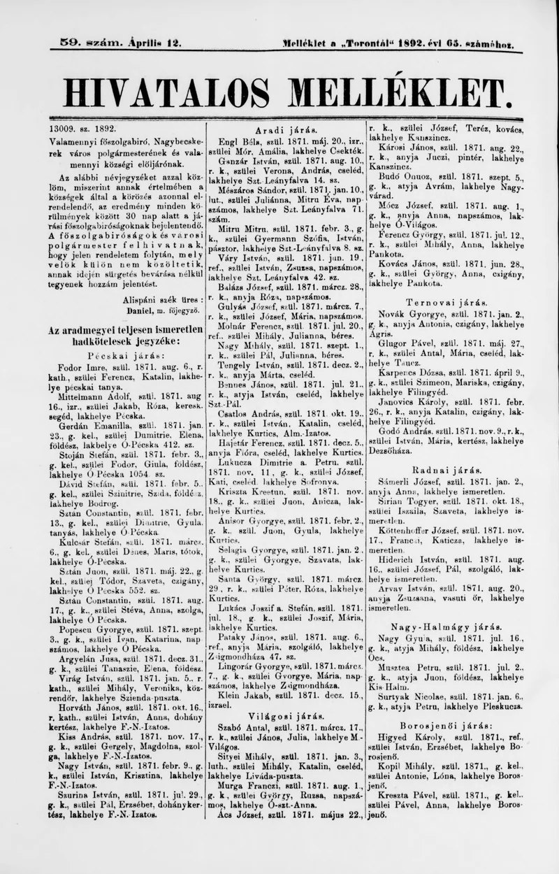 A Totontál  hivatalos melléklete, 5. évf. 1892. április 12. 59. sz.