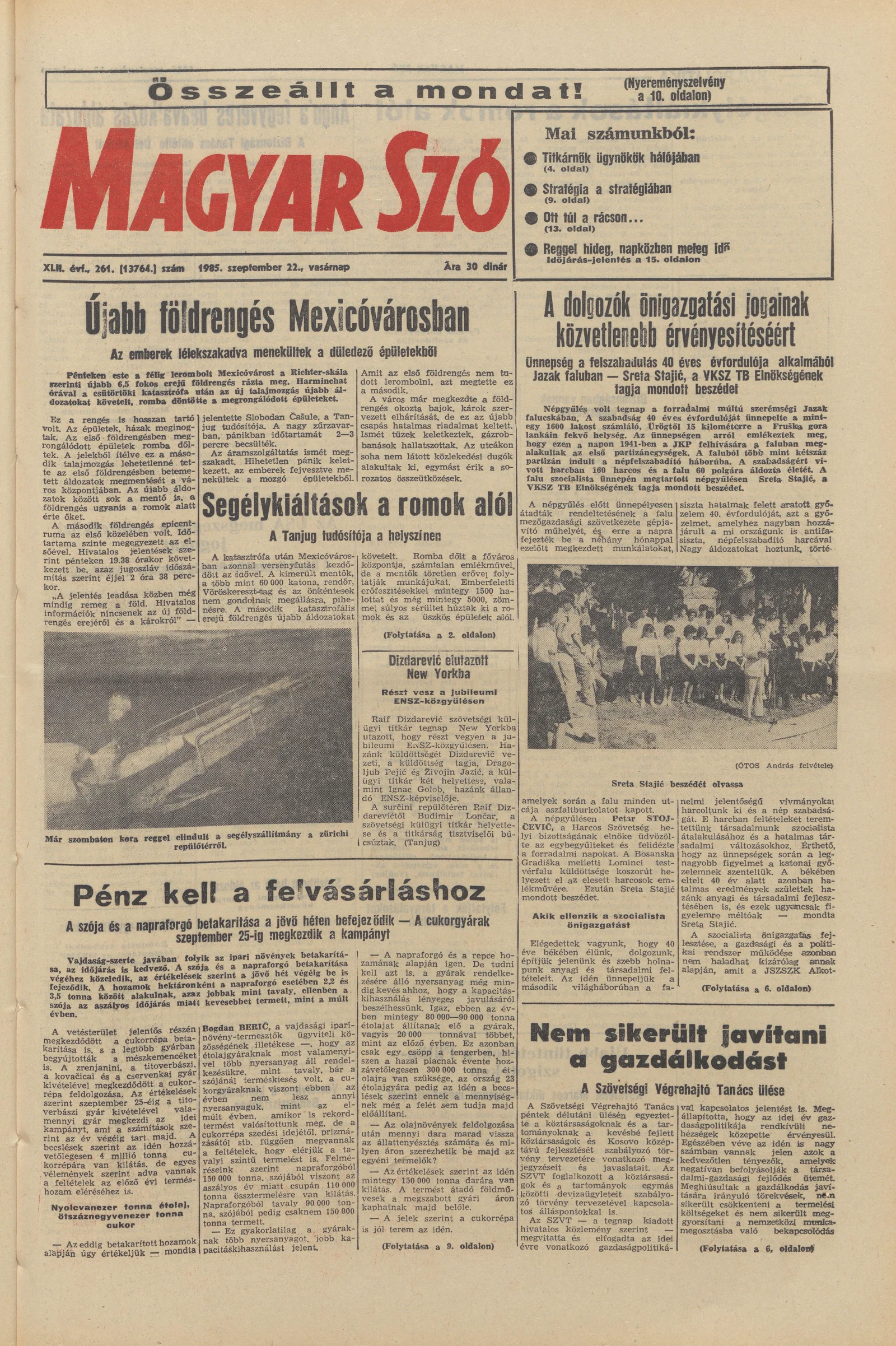 Magyar Szó, 42. évf. 1985. szeptember 22. 261. sz. 1–28. oldal