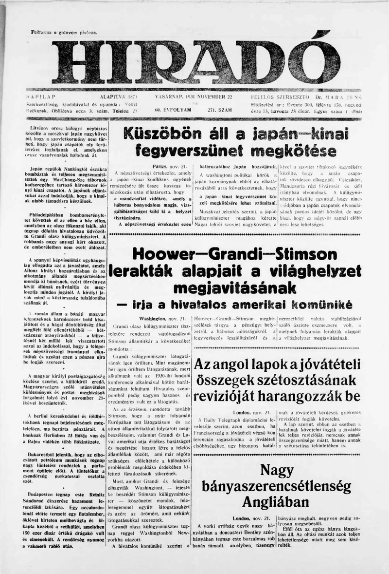 Híradó, 60. évf. 1931. november 22. 271. sz.