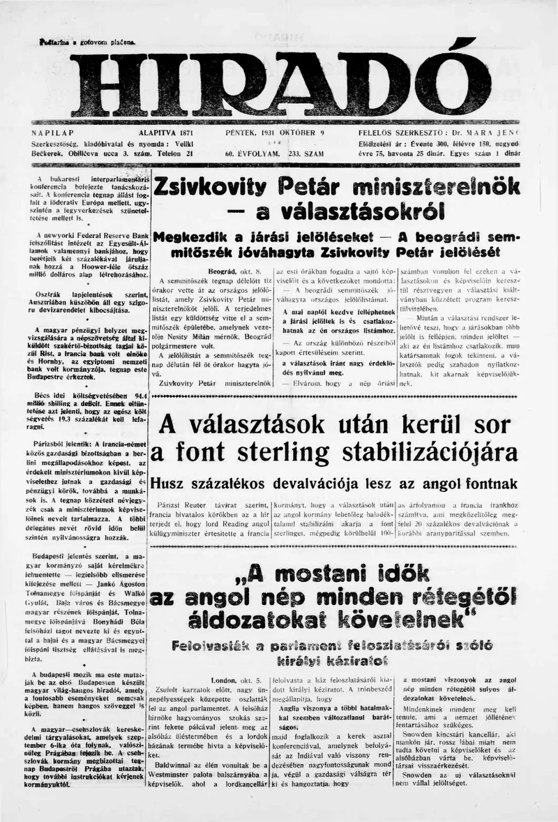 Híradó, 60. évf. 1931. október 9. 233. sz.