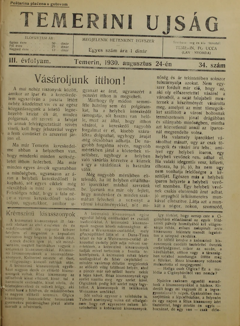 Temerini Újság 1928-1944, 3. évf. 1930. augusztus 24. 34. sz.