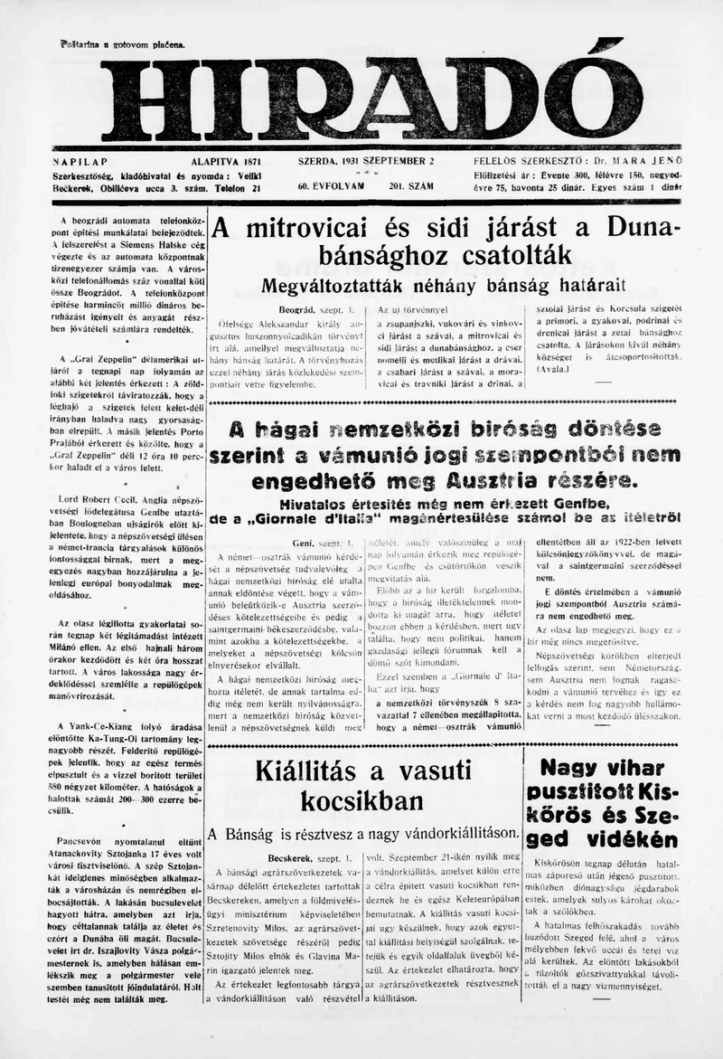 Híradó, 60. évf. 1931. szeptember 2. 201. sz.