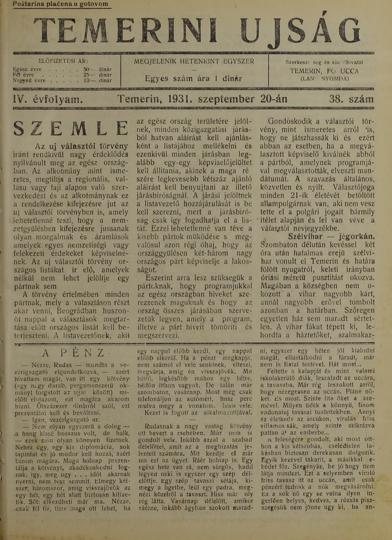 Temerini Újság 1928-1944, 4. évf. 1931. szeptember 20. 38. sz.