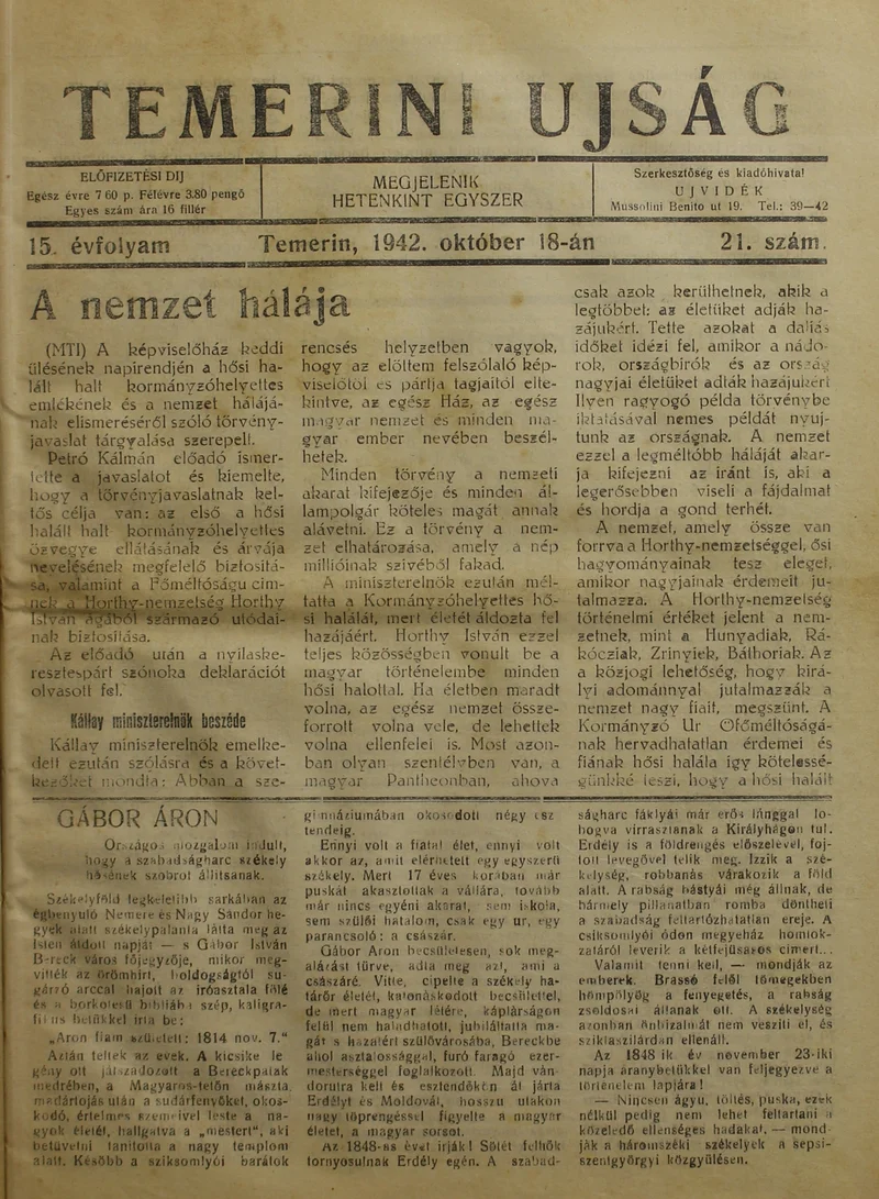 Temerini Újság 1928-1944, 15. évf. 1942. október 18. 21. sz.