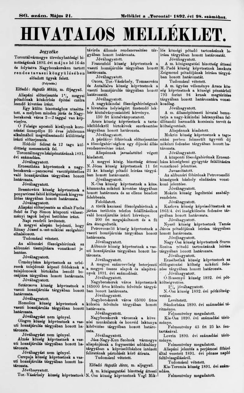 A Totontál  hivatalos melléklete, 5. évf. 1892. május 21. 86. sz.