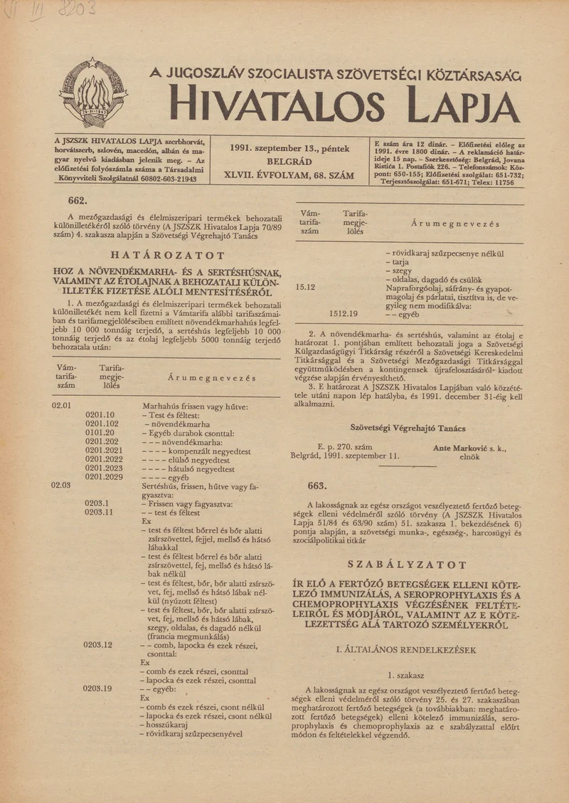 A Jugoszláv Szocialista Szövetségi Köztársaság Hivatalos Lapja, 47. évf. 1991. szeptember 13. 68. sz. 1101–1108. oldal