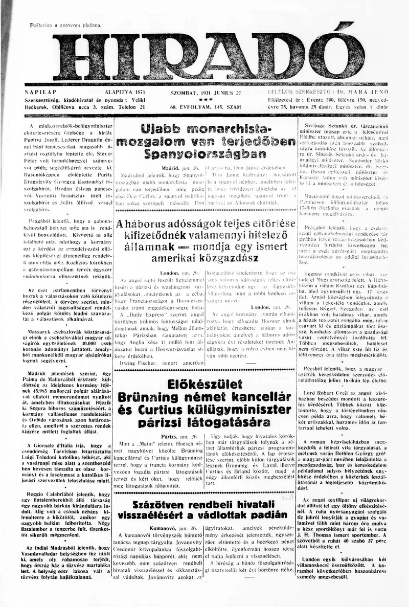 Híradó, 60. évf. 1931. június 27. 145. sz.