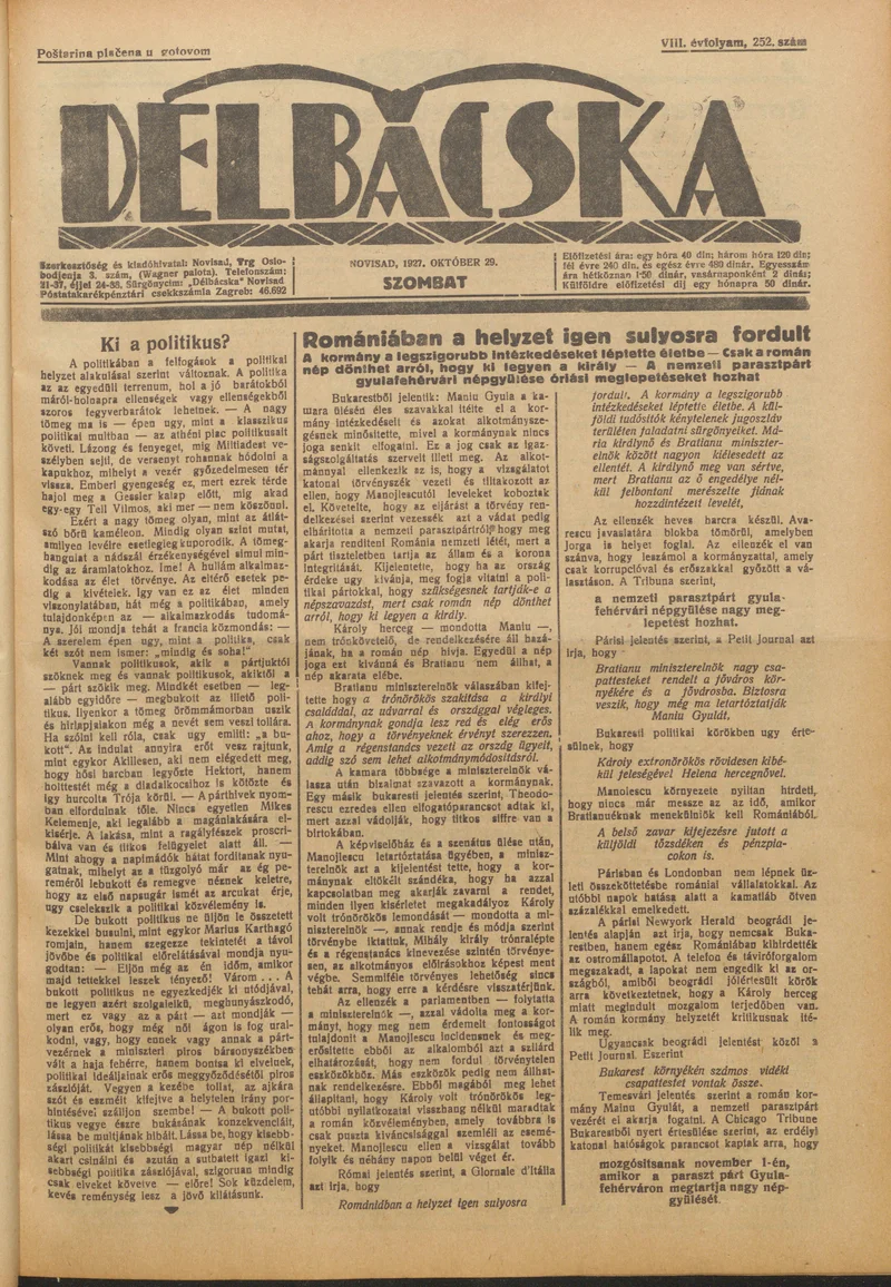 Délbácska, 8. évf. 1927. október 29. 252. sz.