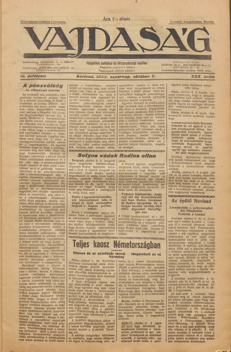 Vajdaság, 3. évf. 1923. október 7. 228. sz.