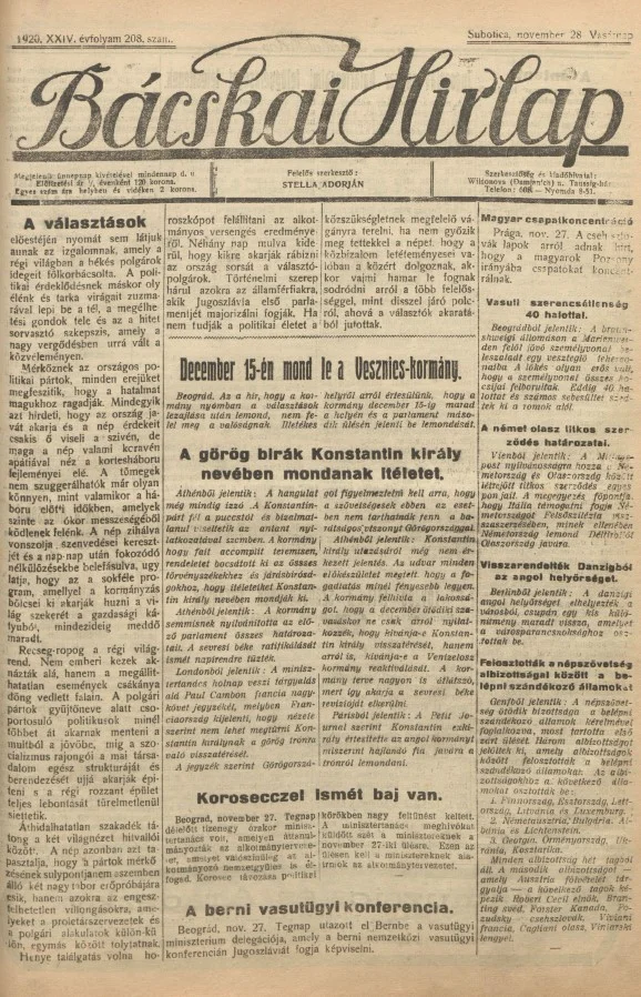 Bácskai Hirlap, 24. évf. 1920. november 28. 208. sz.