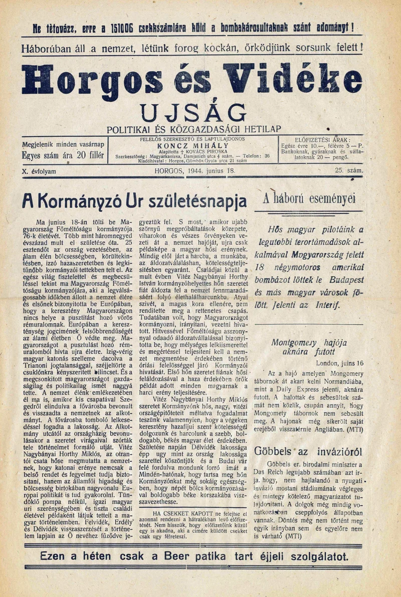 Horgos és vidéke, 9. évf. 1944. június 18. 25. sz.