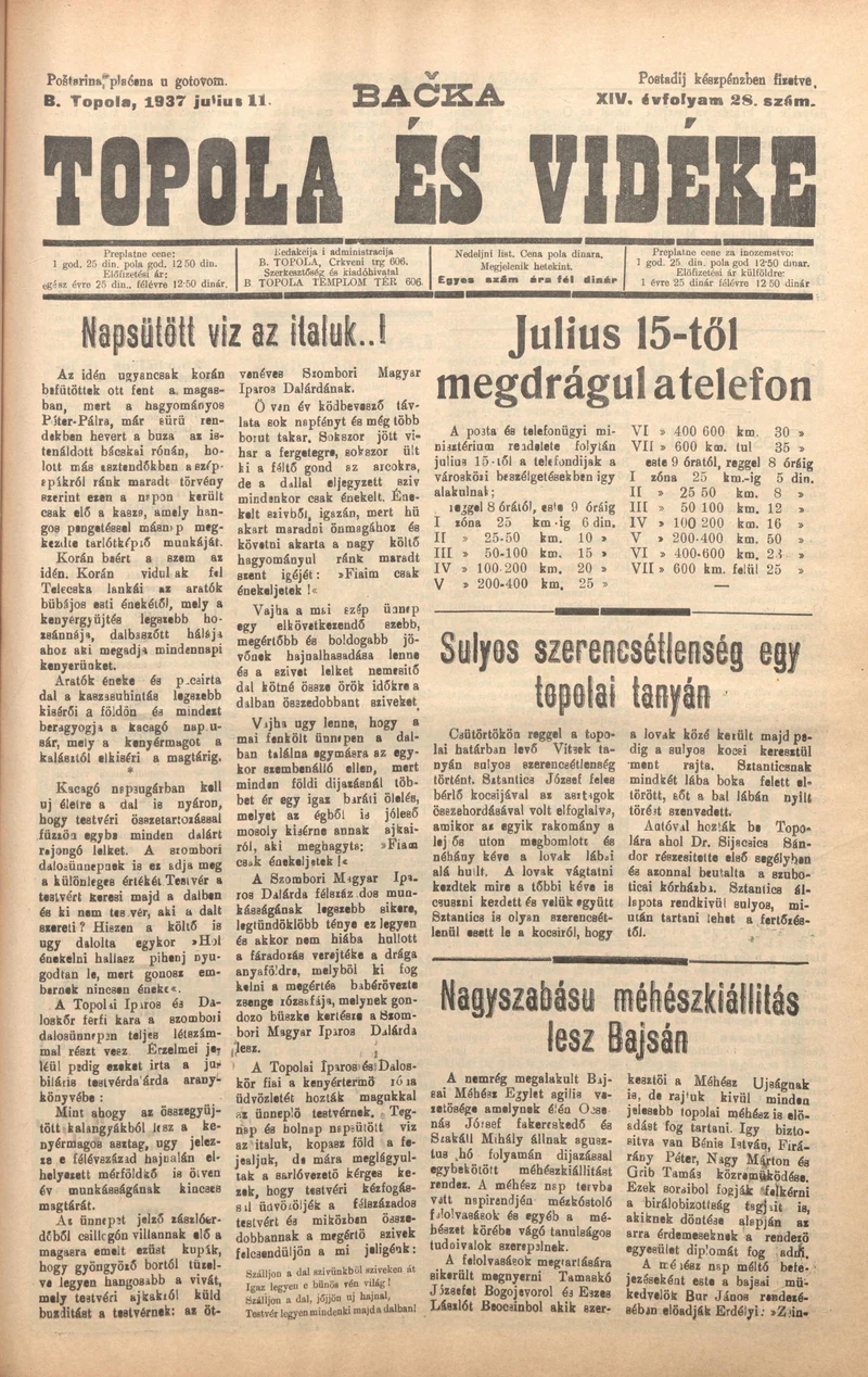 Bačka Topola és Vidéke, 14. évf. 1937. július 11. 28. sz.