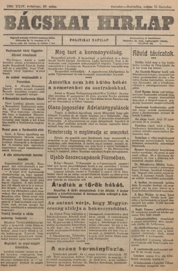 Bácskai Hirlap, 24. évf. 1920. május 15. 63. sz.