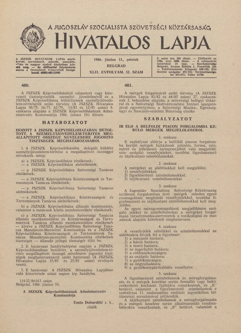 A Jugoszláv Szocialista Szövetségi Köztársaság Hivatalos Lapja, 42. évf. 1986. június 13. 32. sz. 973–1004. oldal