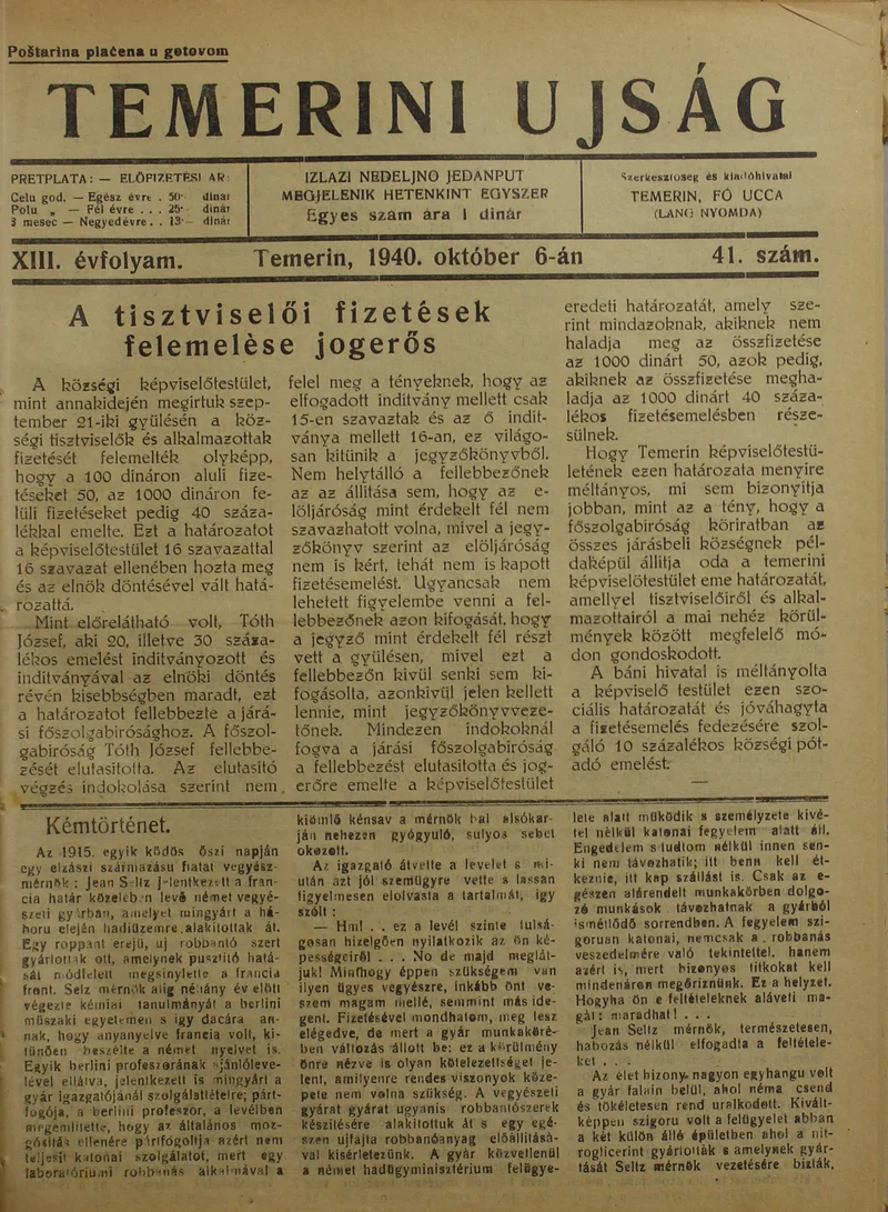 Temerini Újság 1928-1944, 13. évf. 1940. október 6. 41. sz.