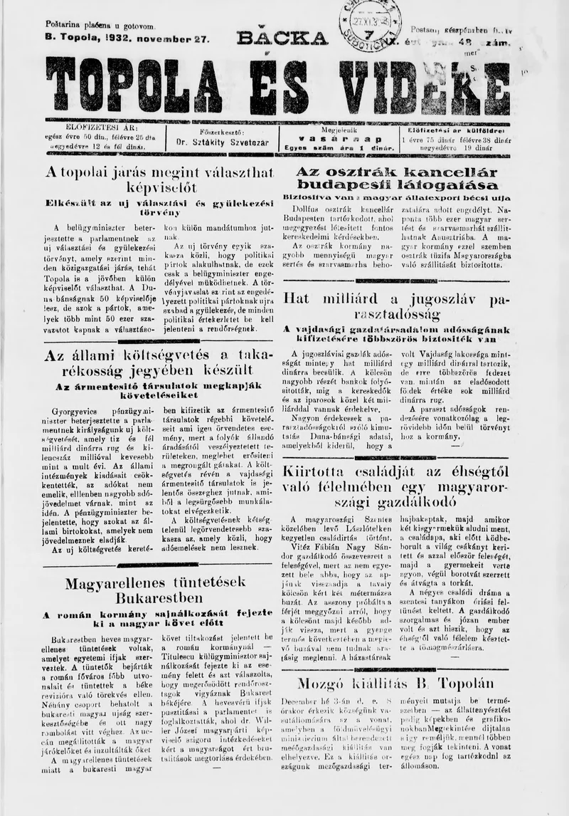 Bačka Topola és Vidéke, 9. évf. 1932. november 27. 48. sz.