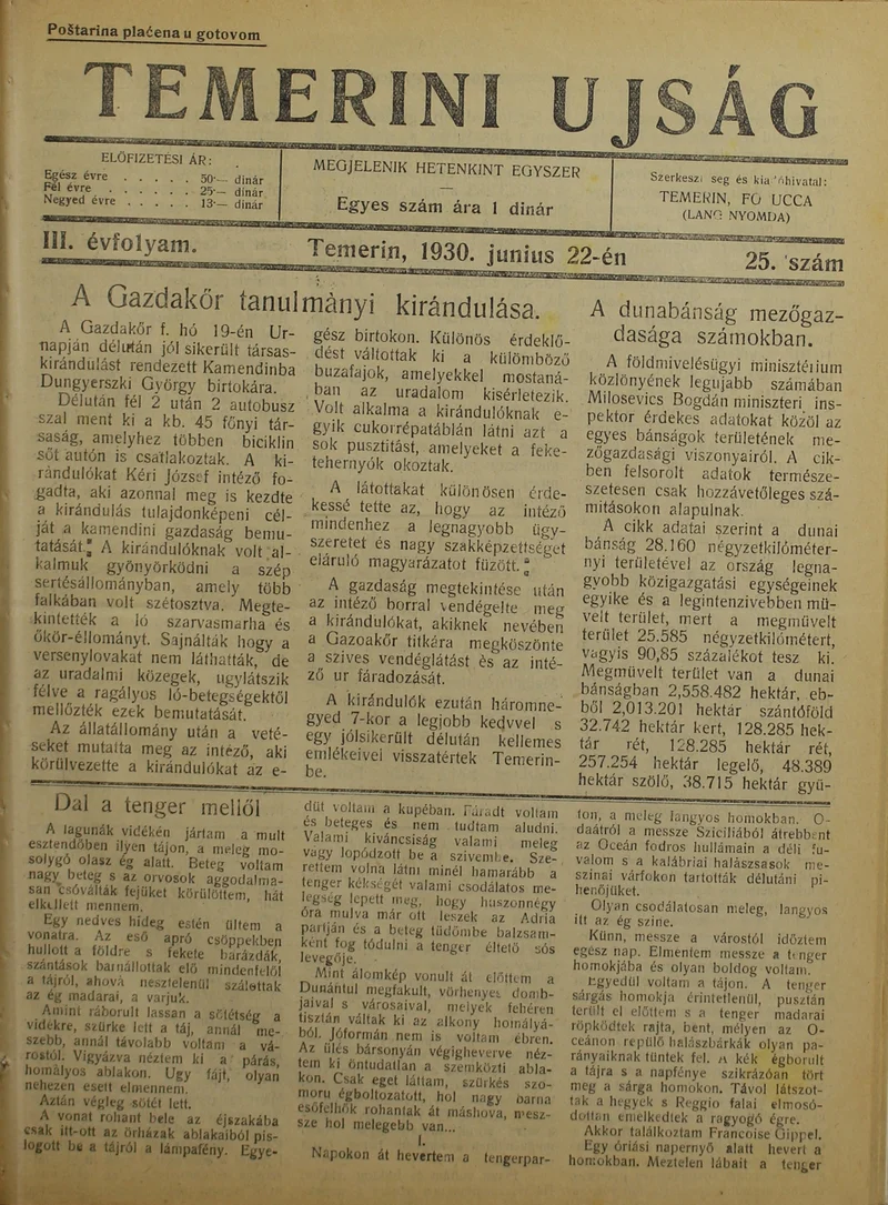 Temerini Újság 1928-1944, 3. évf. 1930. június 22. 25. sz.