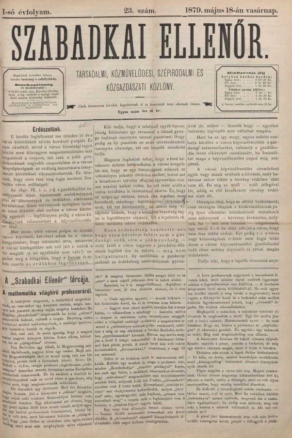 Szabadkai Ellenőr, 1. évf. 1879. május 18. 23. sz.