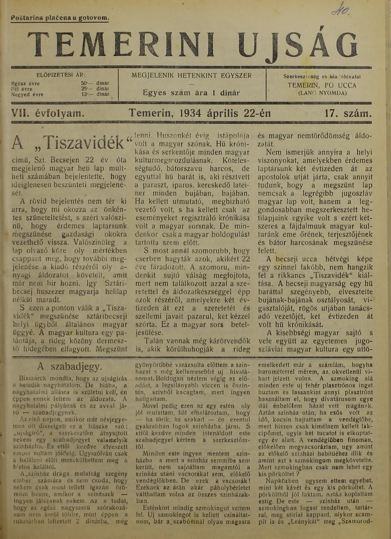 Temerini Újság 1928-1944, 7. évf. 1934. április 22. 17. sz.