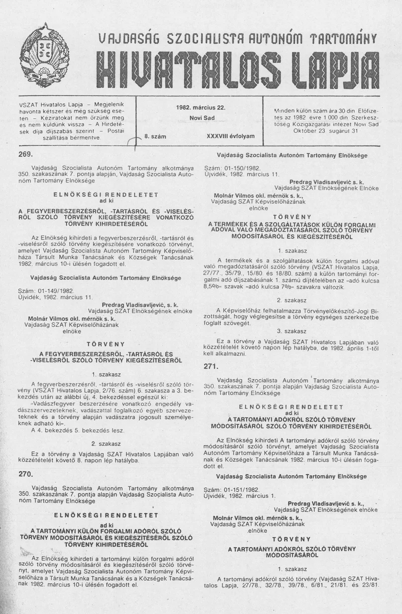 Vajdaság Szocialista Autonóm Tartomány Hivatalos Lapja, 38. évf. 1982. március 22. 8. sz.
