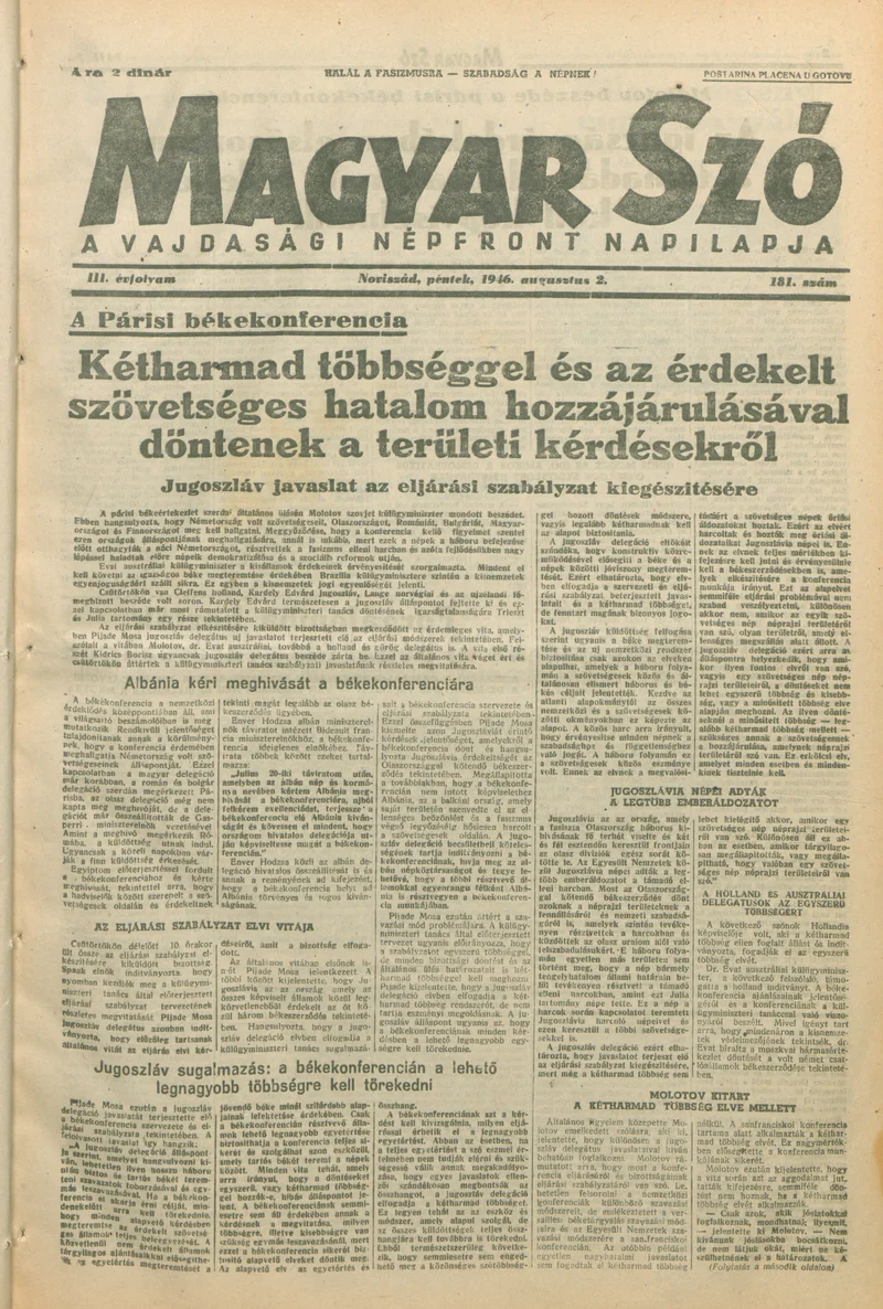 Magyar Szó, 3. évf. 1946. augusztus 2. 181. sz. 1–8. oldal