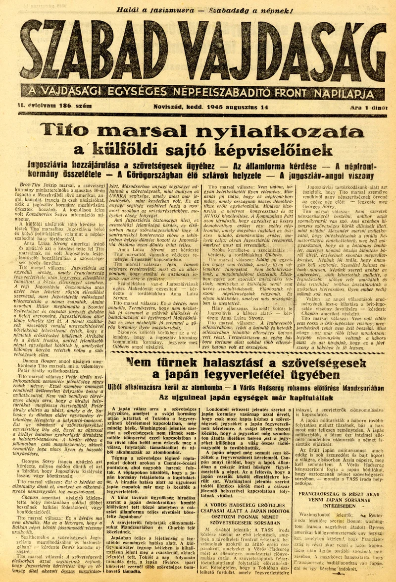 Szabad Vajdaság, 2. évf. 1945. augusztus 14. 186. sz.