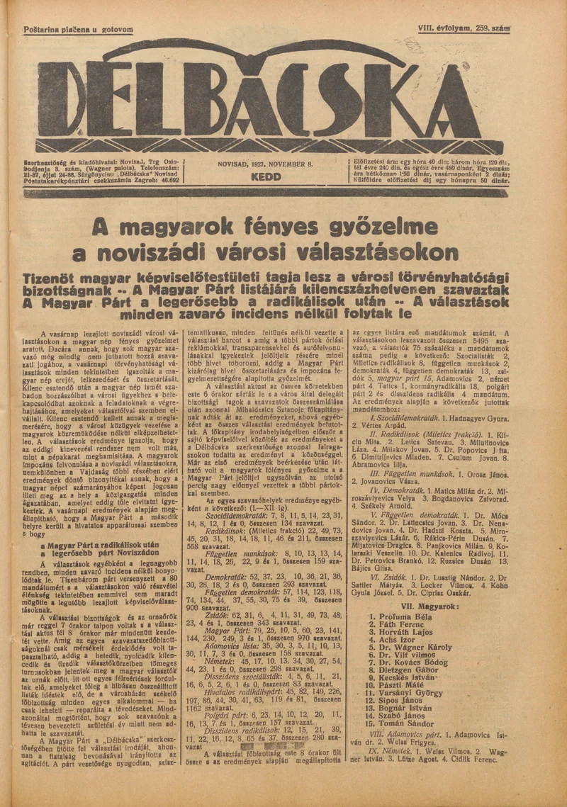 Délbácska, 8. évf. 1927. november 8. 259. sz.