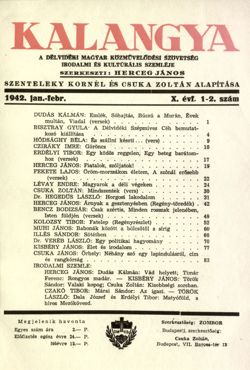 Kalangya, 11. évf. 1942. január – február. 1–2. sz. 1–94. oldal