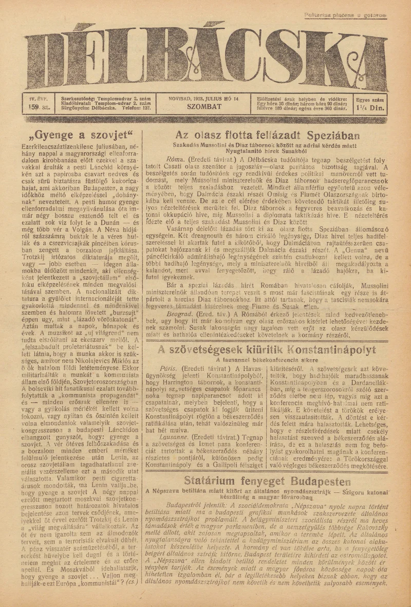 Délbácska, 4. évf. 1923. július 14. 159. sz.