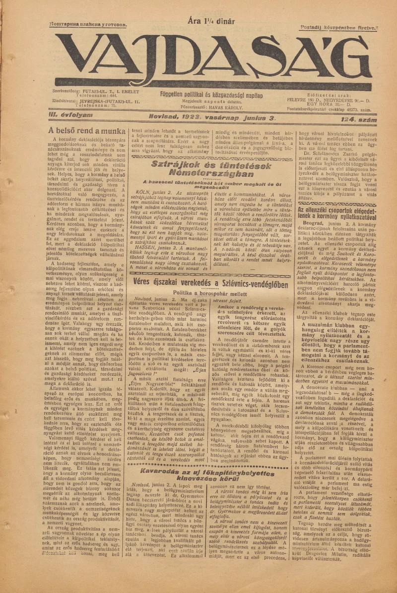 Vajdaság, 3. évf. 1923. június 3. 124. sz.