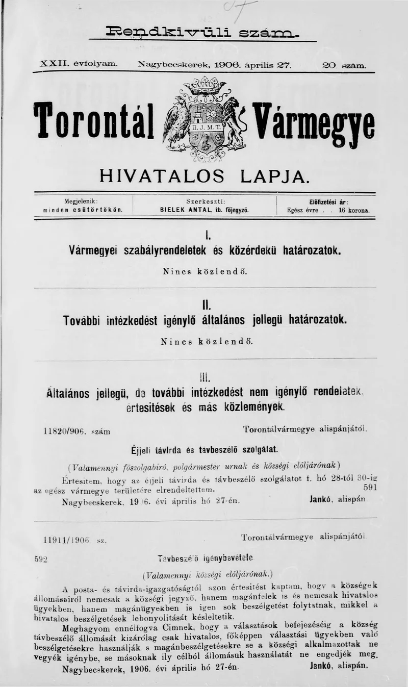 Torontál Vármegye Hivatalos Lapja, 22. évf. 1906. április 27. 20. sz.
