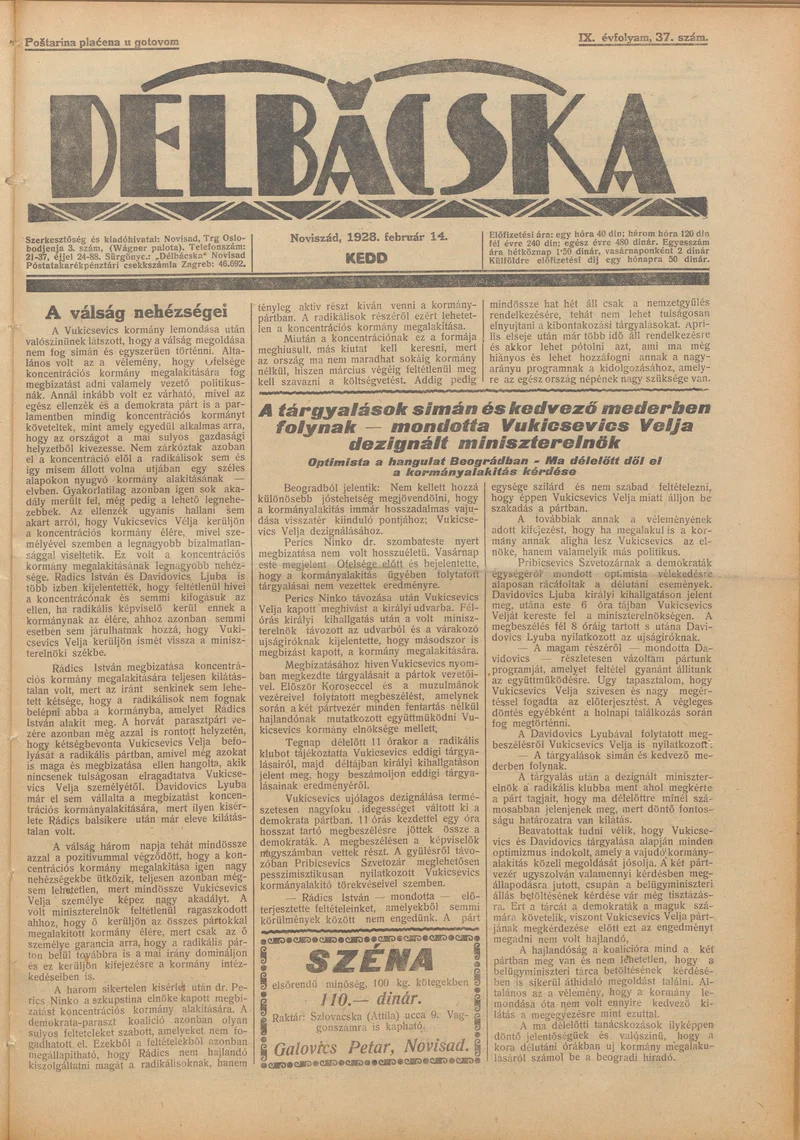Délbácska, 9. évf. 1928. február 14. 37. sz.