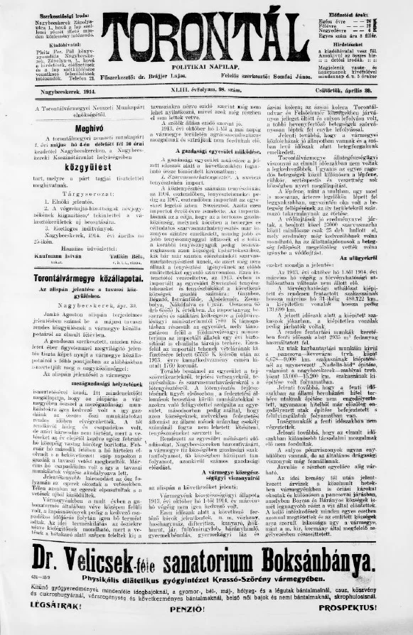 Torontál, 43. évf. 1914. április 30. 98. sz.