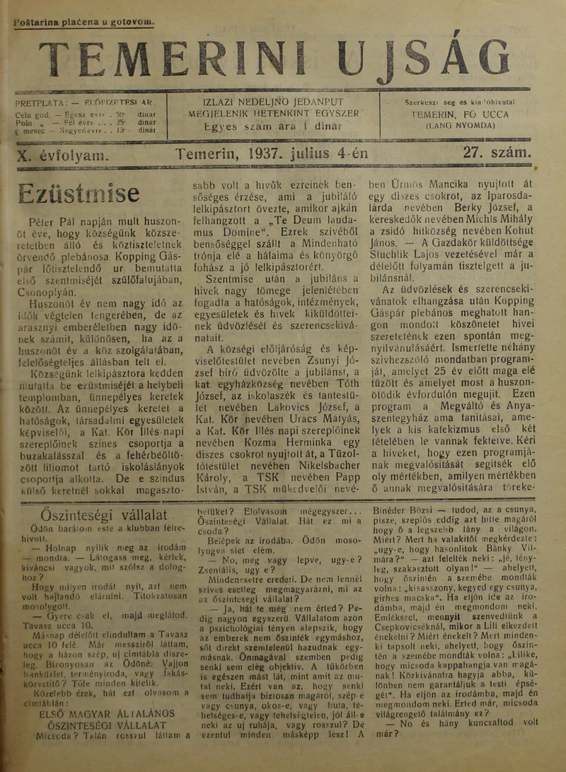 Temerini Újság 1928-1944, 10. évf. 1937. július 4. 27. sz.