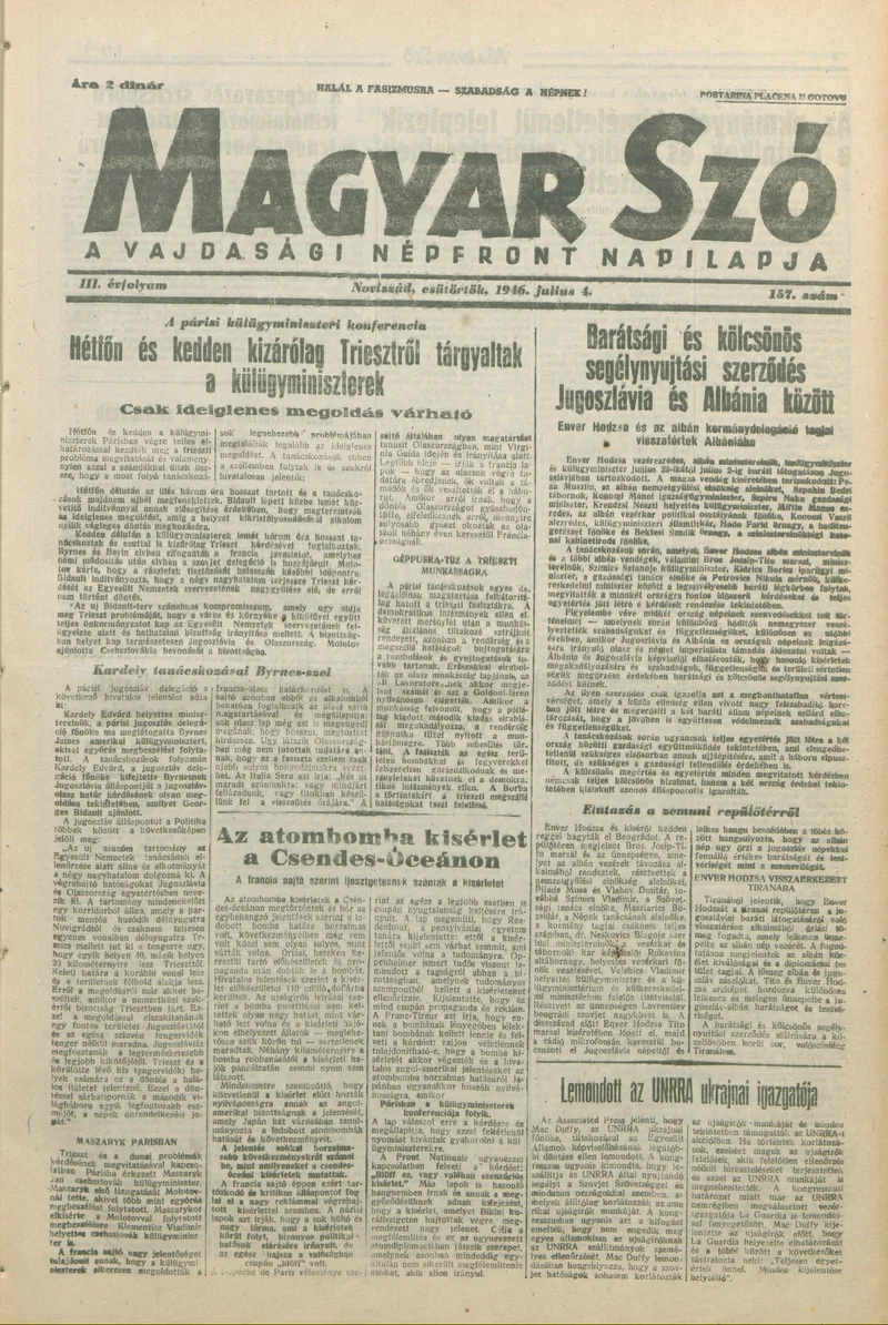 Magyar Szó, 3. évf. 1946. július 4. 157. sz. 1–8. oldal