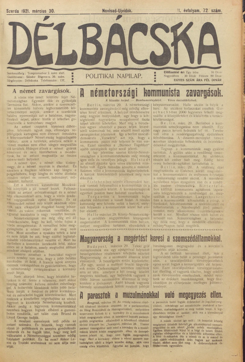 Délbácska, 2. évf. 1921. március 30. 72. sz.