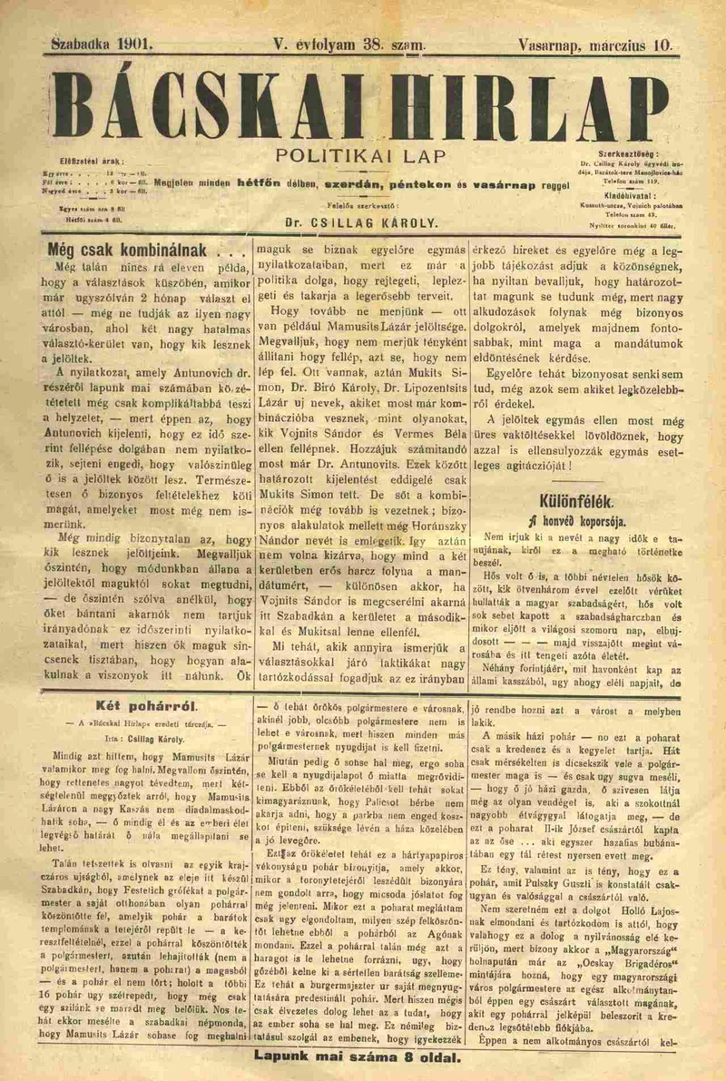 Bácskai Hirlap, 5. évf. 1901. március 10. 38. sz.