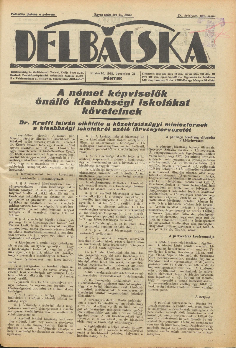 Délbácska, 9. évf. 1928. december 21. 297. sz.