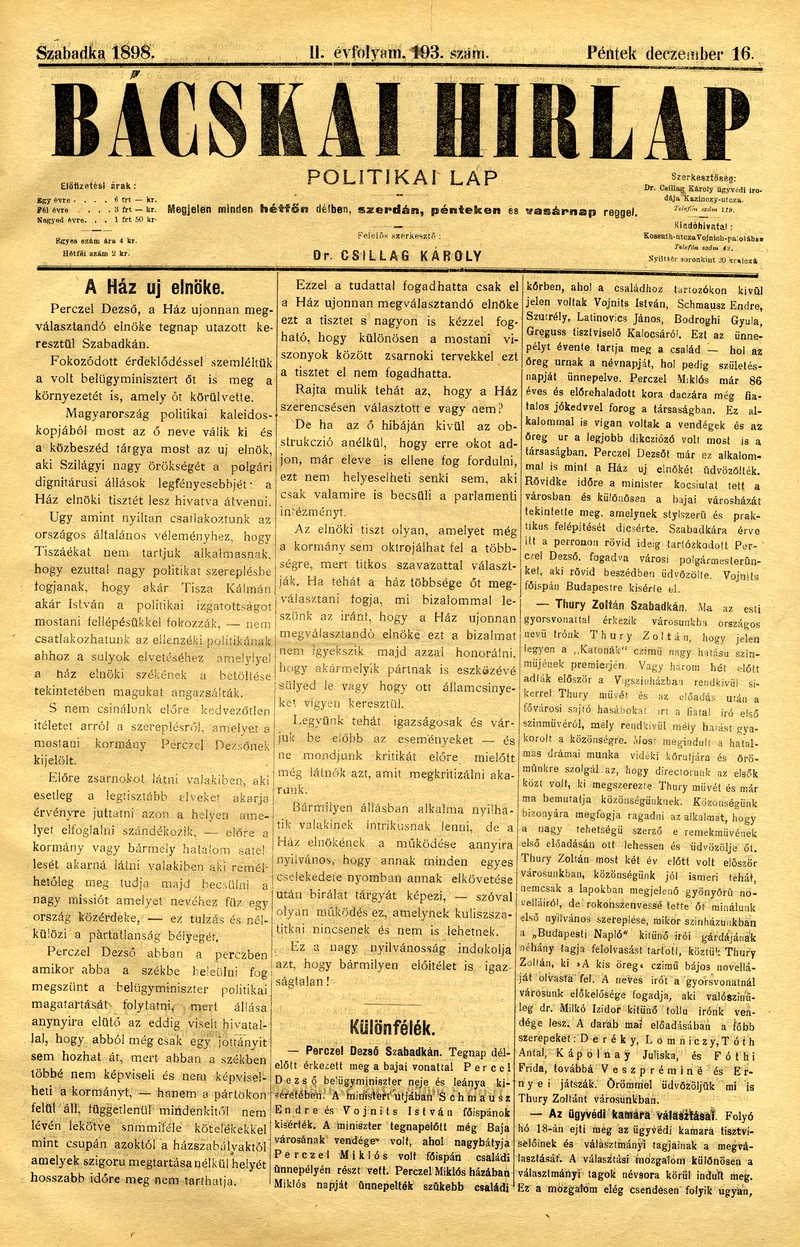 Bácskai Hirlap, 2. évf. 1898. december 16. 193. sz. 1–4. oldal