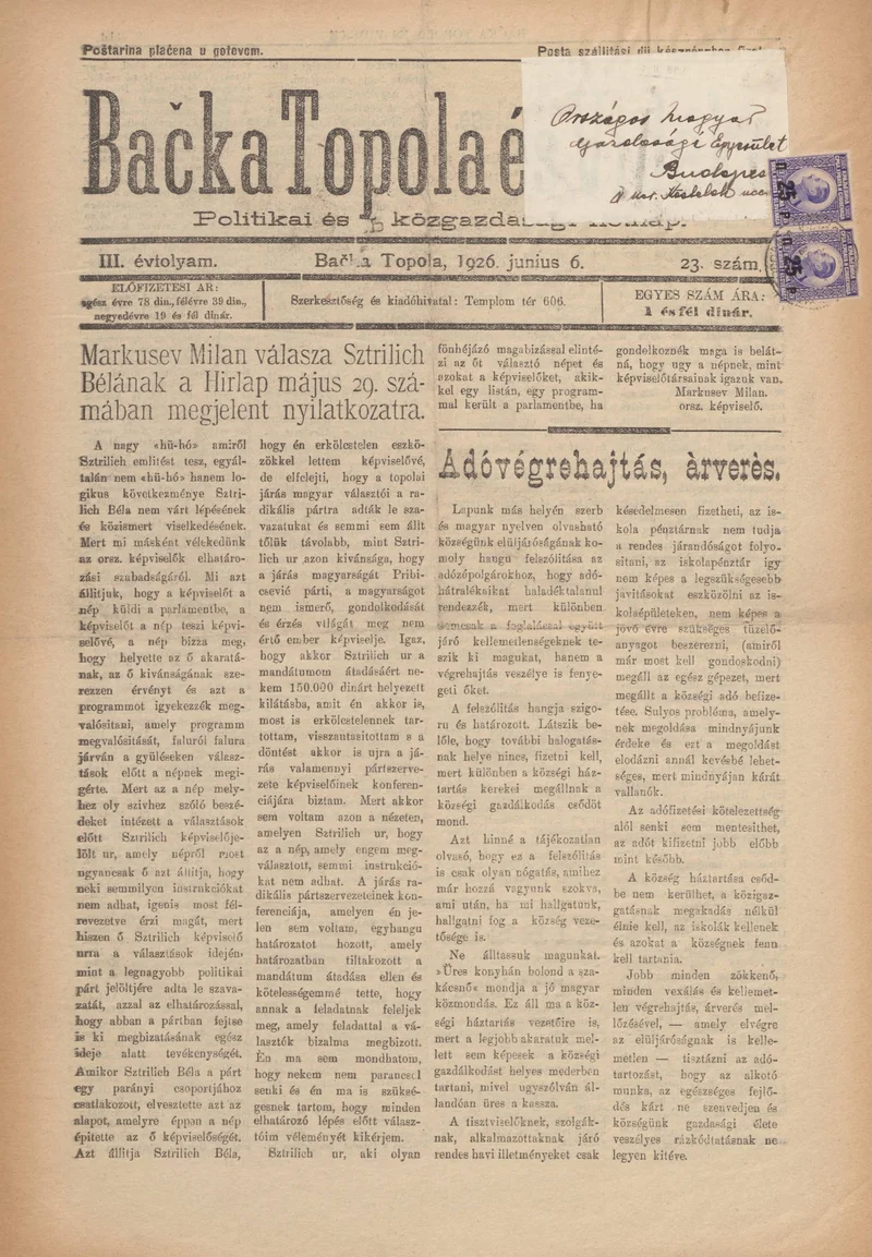 Bačka Topola és Vidéke, 3. évf. 1926. június 6. 23. sz.