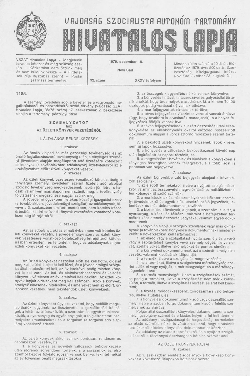 Vajdaság Szocialista Autonóm Tartomány Hivatalos Lapja, 35. évf. 1979. december 10. 32. sz. 1341–1380. oldal