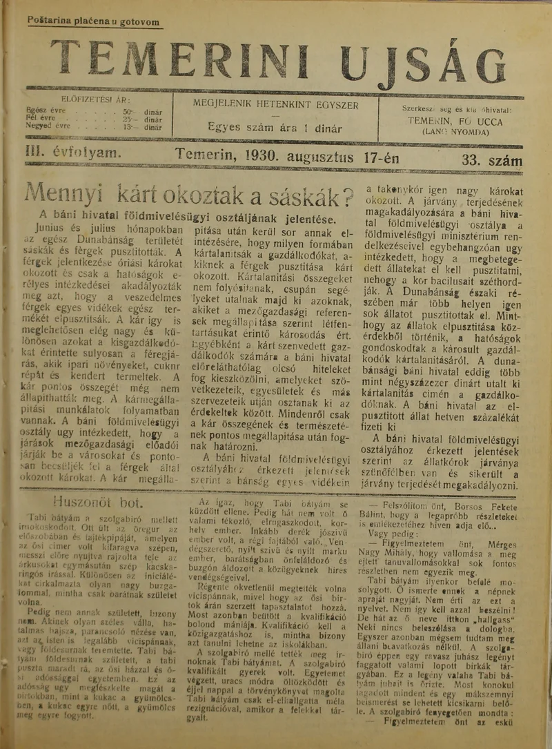 Temerini Újság 1928-1944, 3. évf. 1930. augusztus 17. 33. sz.