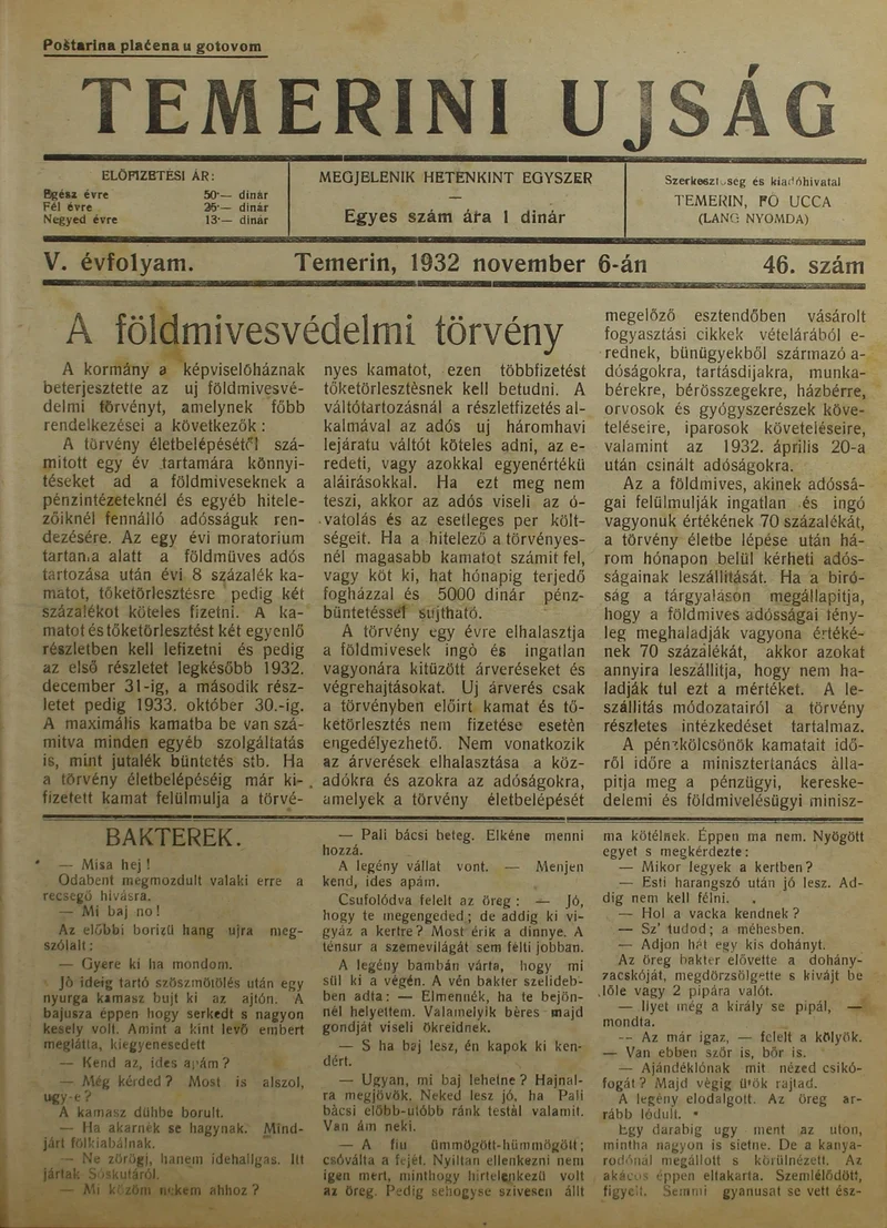 Temerini Újság 1928-1944, 5. évf. 1932. november 6. 46. sz.