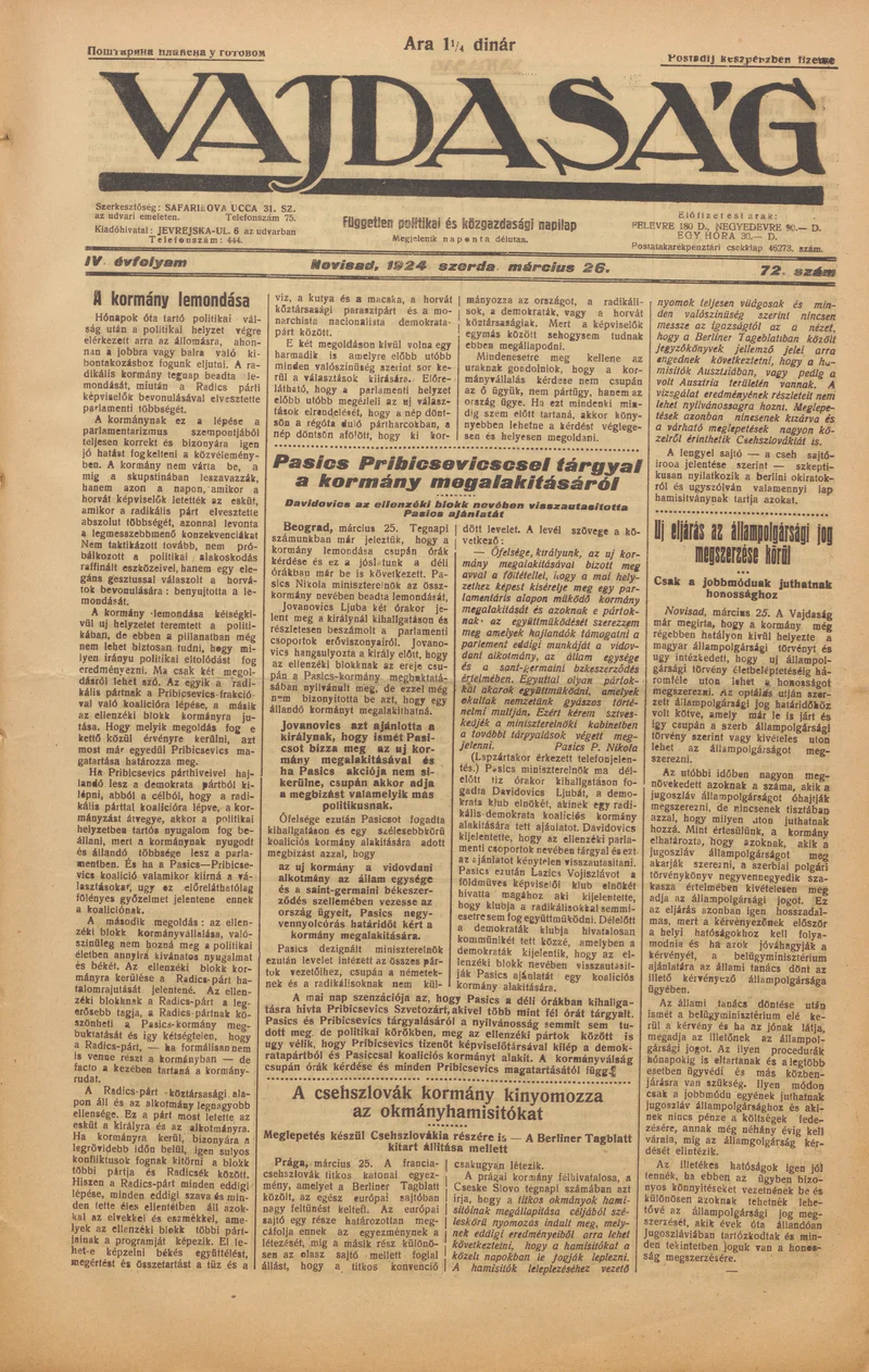 Vajdaság, 4. évf. 1924. március 26. 72. sz.